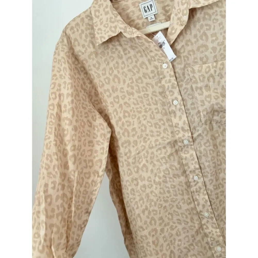 Gap 100% Linen Animal Print Shirt Women's Size Small New Neutral Classic N64 - Picture 7 of 14